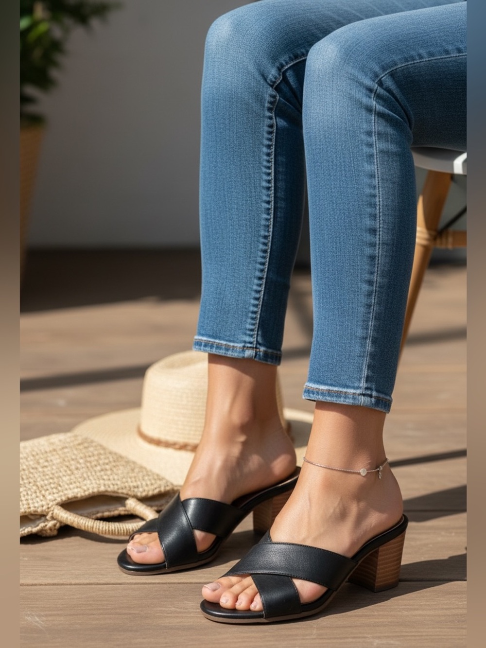 Vionic Black Leather Comfort Slide Sandals Adjustable Strap Block Heel Women’s